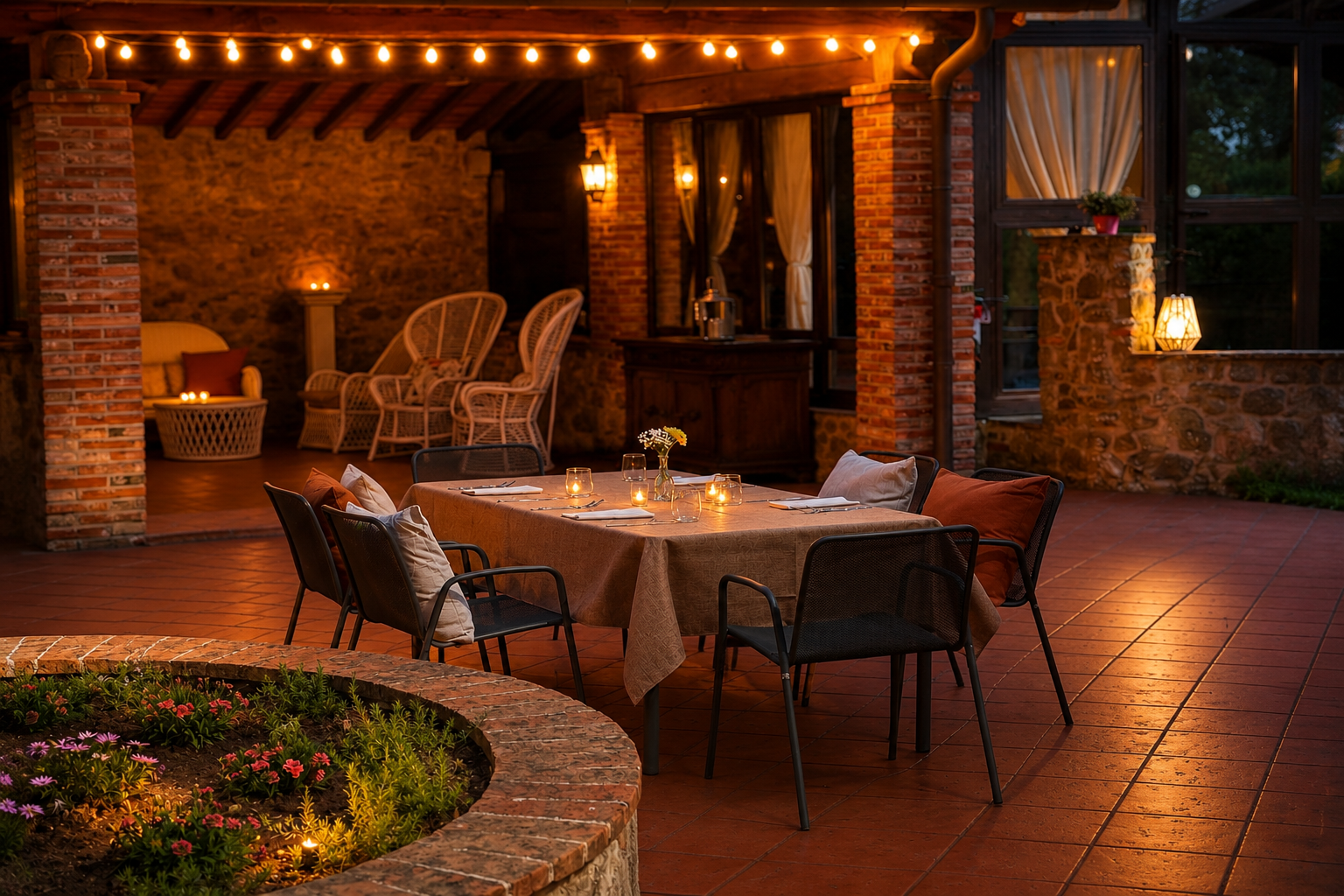 Cortile esterno al tramonto con tavolo apparecchiato